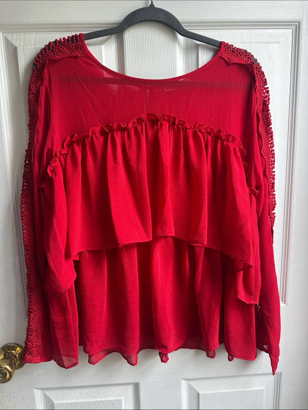 Red Ruffle Crochet-Sleeve Blouse